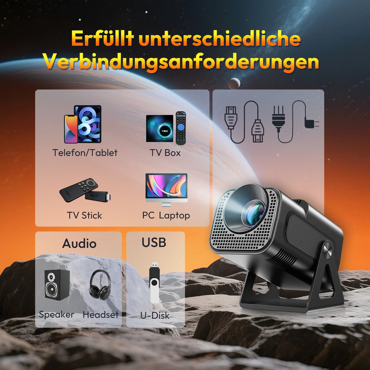 XGODY HY320 Mini Native 720P Android 14 4K-projektor 350ANSI H726 Wi-Fi 6 BT 5.0 bio utomhus bärbar 180° roterbar projektor