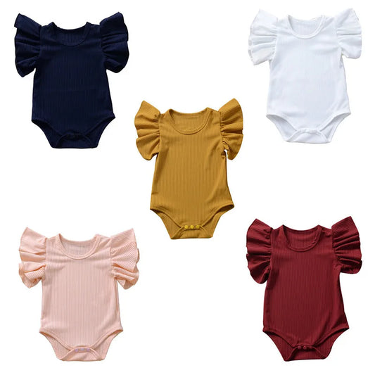 0-18 månader Nyfödd Baby Flicka Rompers Volang Kortärmad Bodysuit För Spädbarn Flickor Enfärgad Svart Rosa Vit Sommar Playsuits