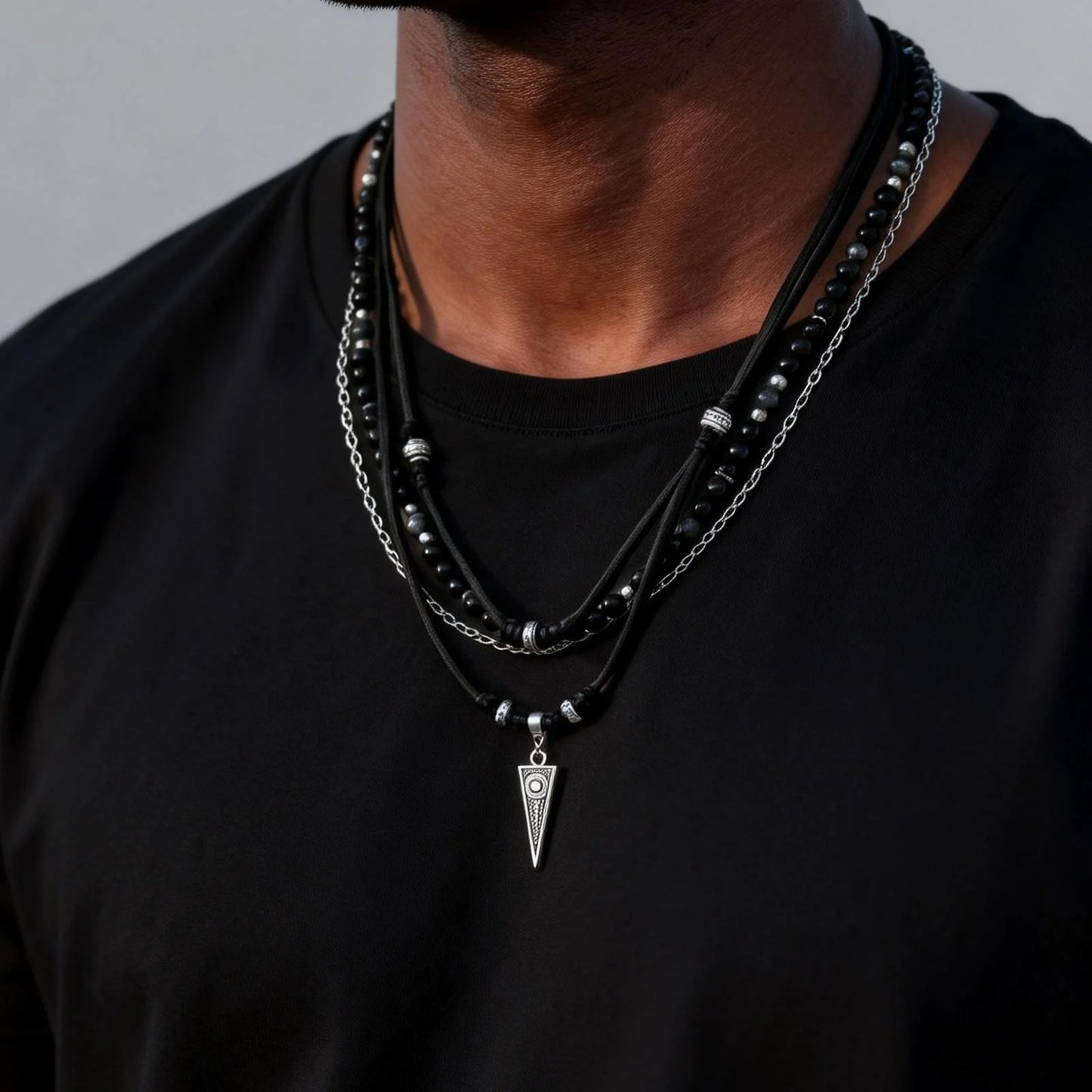 Rock Punk Halsband i Lager för Herrar, Avslappnat Halsband i Svart Läder med Flerlager, Vattentätt Litet Geometriskt Hänge Gåva