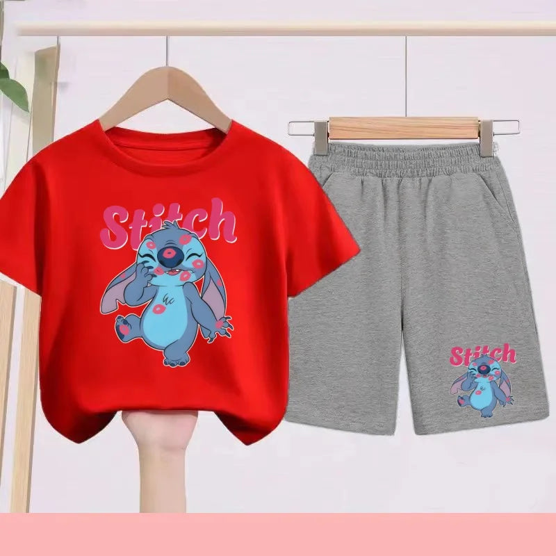 Disney Casual Children's Fashion Set T-shirt+ Shorts 2 Piece Stitch Print Boys Girls 3-12 Years Sports Coat Trend Party Sets