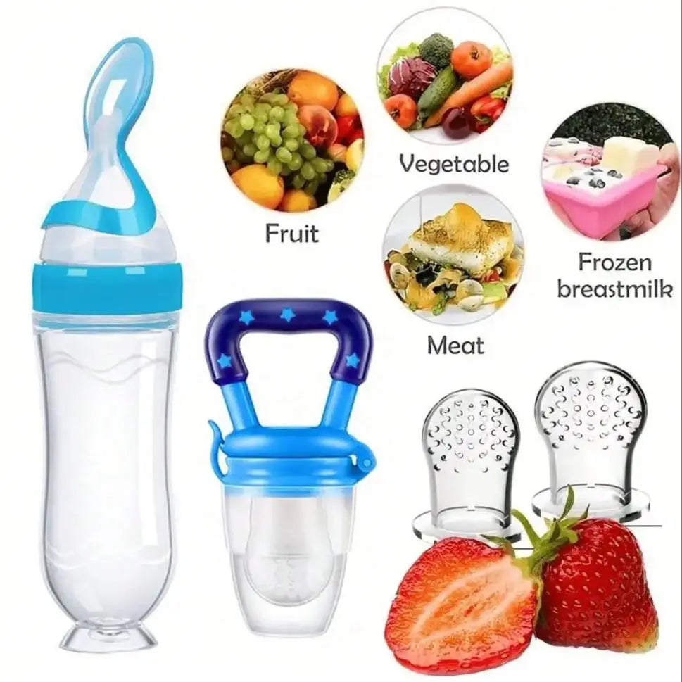 4-delars matningsset för baby, nappflaska med sugkopp, risflingor, grönsaks- och fruktmatare, två nätpåsar (S L)