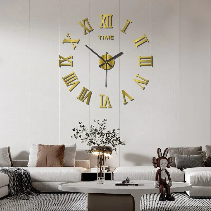 3D akryl digital väggklocka romerska siffror design spegelväggklocka mode stor rund väggklocka gör-det-själv självhäftande klockor