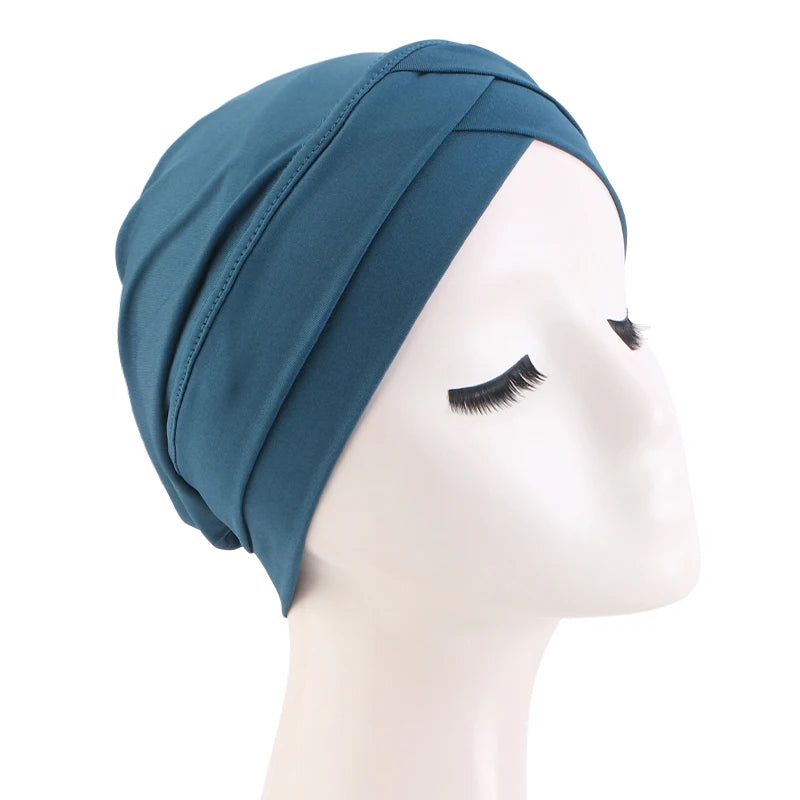 Ny klassisk pannkorsad turbanhatt elegant enfärgad huvudbonad huvudduk andningsbar elastisk mössa muslimsk kemohatt