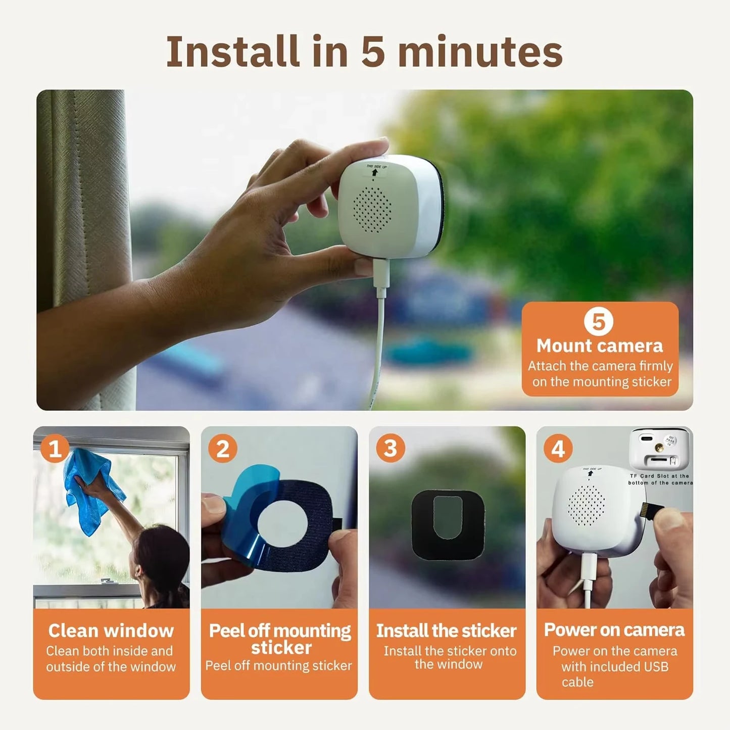 Minifönsterkamera ersätter utomhuskameror 2.4/5GHz WiFi-kamera 3MP-upplösning Fullfärgs nattseende genom fönsterkamera