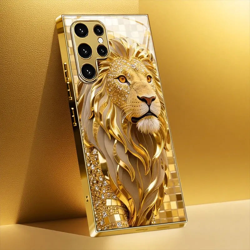 Mobilskal med ”Golden Lion Weiyi”-mönster i galvaniserat guld för Samsung Galaxy S26/S25 Ultra/S24 Ultra/S23/S22 Ultra/S21
