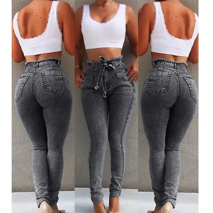 Damkläder Jeans Slim Stretchiga Tofsbälte Jeans med Hög Midja Denimbyxor Skinny Ankellånga Blekta