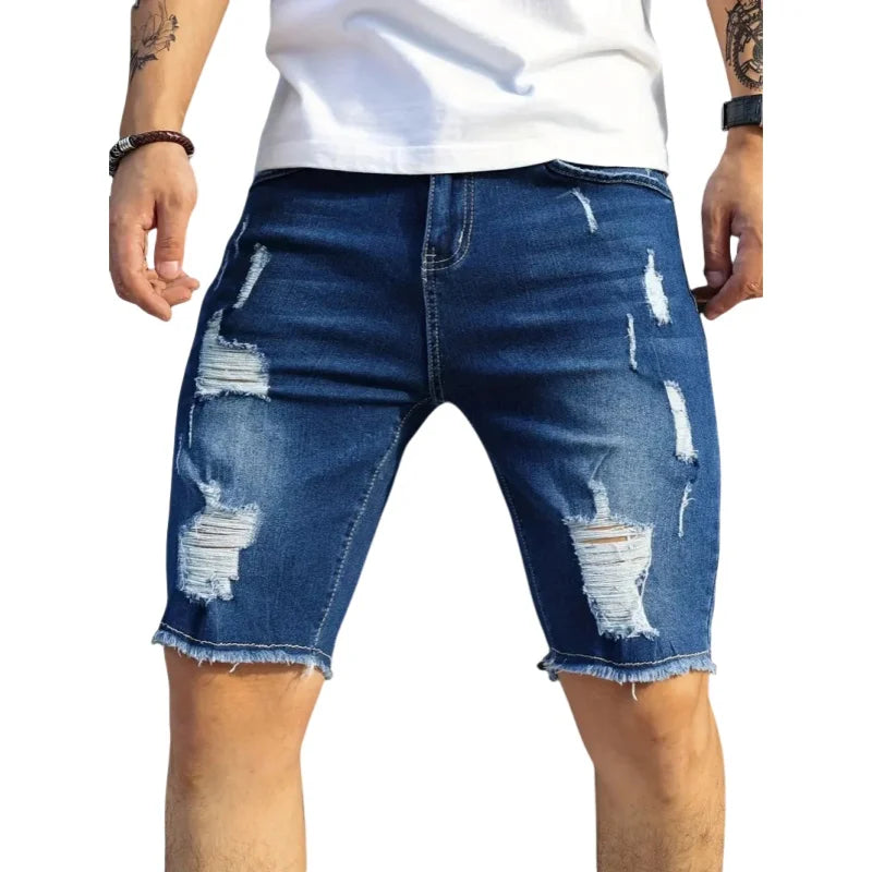 Sommar Slitna Jeans Herr Stretch Denim Shorts Herr Korta Jeans Slim Raka Shorts Mode Svarta Jeans Herrkläder Streetwear