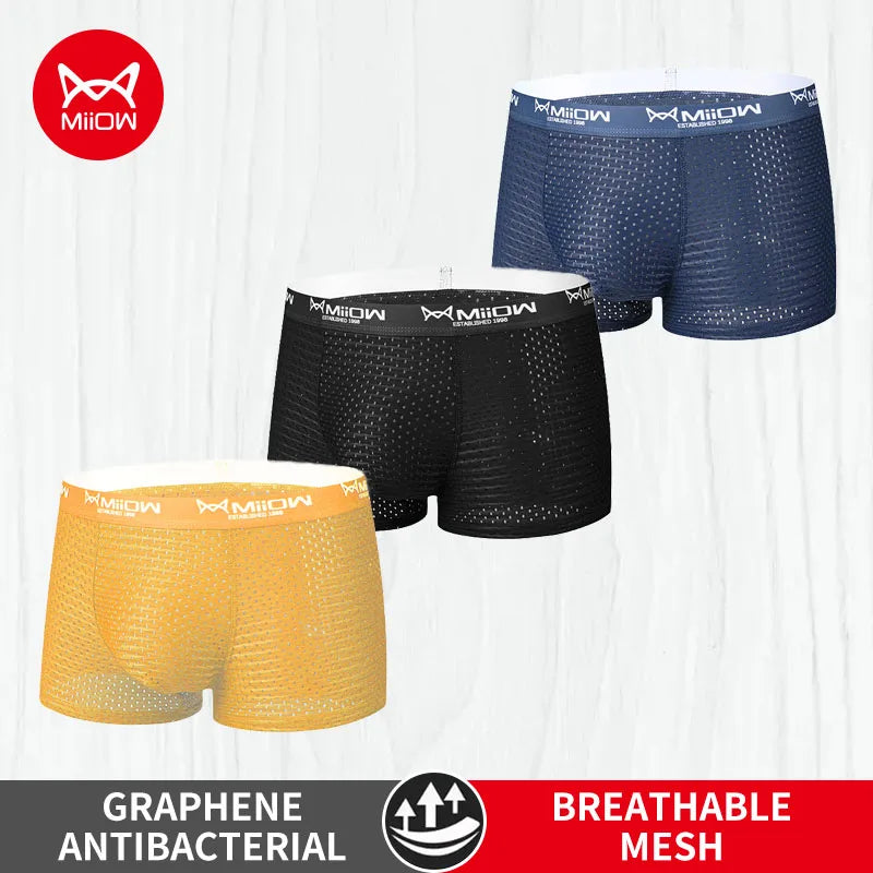 MiiOW 3 st. issilkesunderkläder för män, boxershorts, sexiga, nät, andningsbara, antibakteriella, herrkalsonger, L-4XL, herrboxershorts