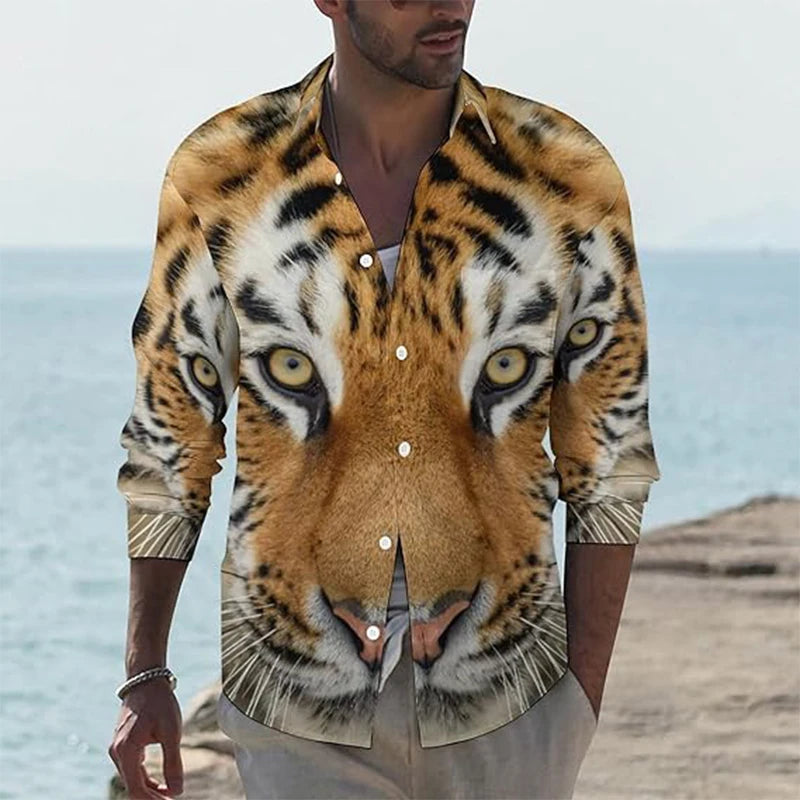 Långärmade skjortor med tigertryck för män, 3D-tryck med djurmotiv, casual skjorta med knappar, slim fit, plus size-skjorta