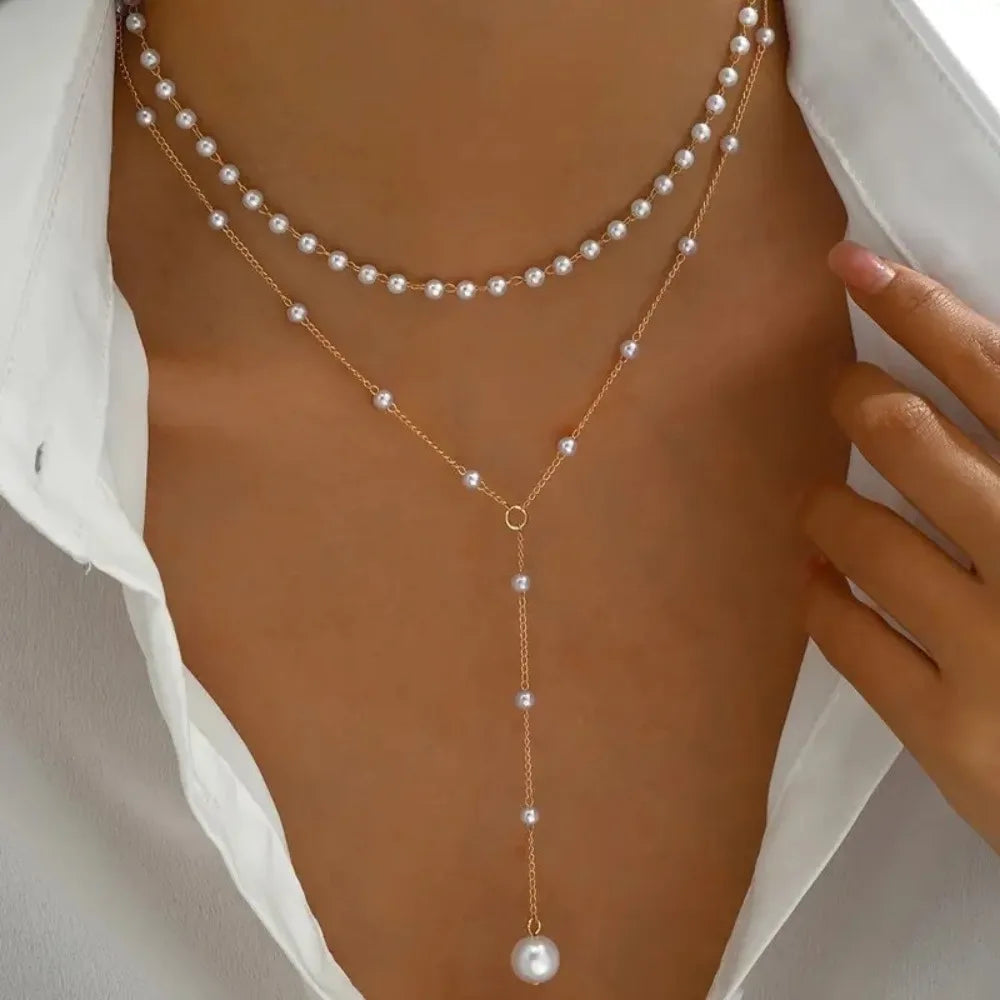 Charm Trendiga Dubbeldekade Imiterade Pärlor Långa Hängsmycken Halsband för Kvinnor Temperament Sommar Strandsmycken Accessoarer