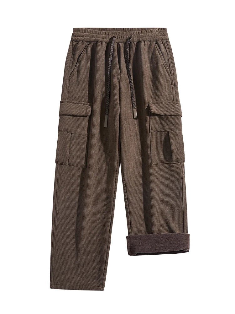 Vinter Corduroy Sweatpants Herr Flerfickor Fleecefoder Stickade Cargobyxor Tjockare Varma Casual Lösa Raka Herrbyxor