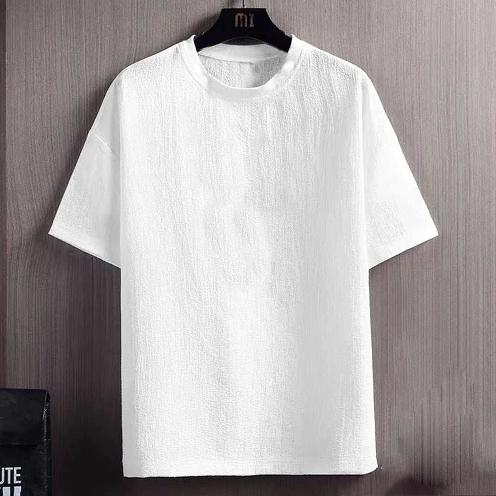 Ny herr casual t-shirt med rynkor, sommar, halvärmad, lös mode-t-shirt, enfärgad, snygg, kortärmad