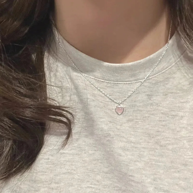 Nytt sött charm 925 sterlingsilver rosa hjärta kristallhänge halsband för kvinnor flickor nyckelbenskedja smycken accessoarer gåva