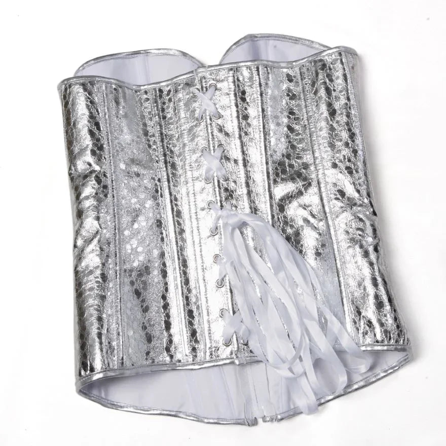 Dam Konstläder Glänsande Guld Silver Överbystkorsett Burlesk Bustier Body Shaper Steampunk Korsett Topp Plus Storlek