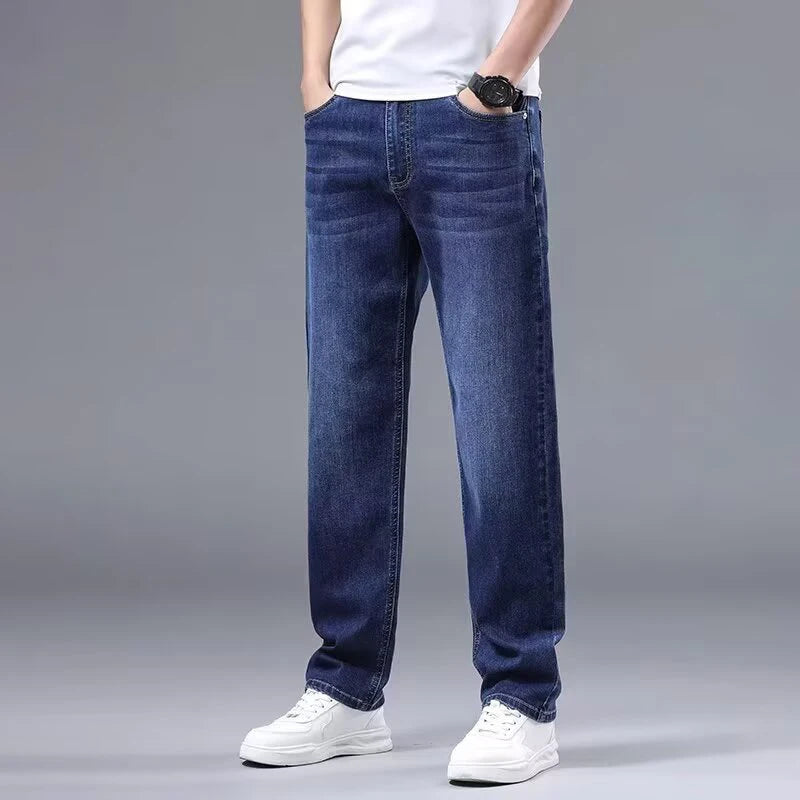 Vår Höst Herr Baggy Hög Midja Jeans Herrmode Casual Plus Size Byxor Klassiska Stretchiga Raka Ben Denimbyxor