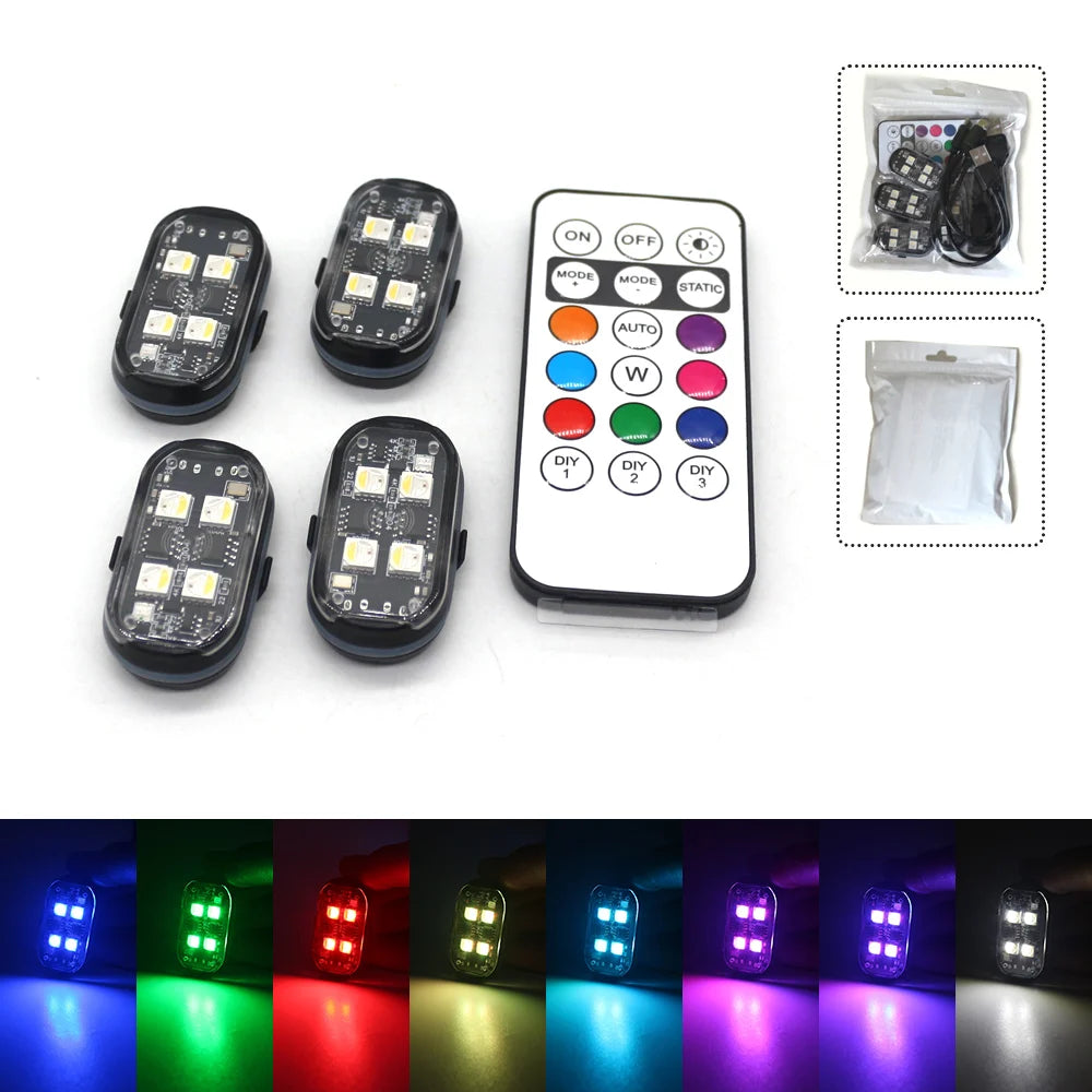 2/4 st trådlösa LED-stroboskopljus bildekor atmosfärsljus, 8 färger uppladdningsbara LED-lampor antikollisions-LED-varningslampa