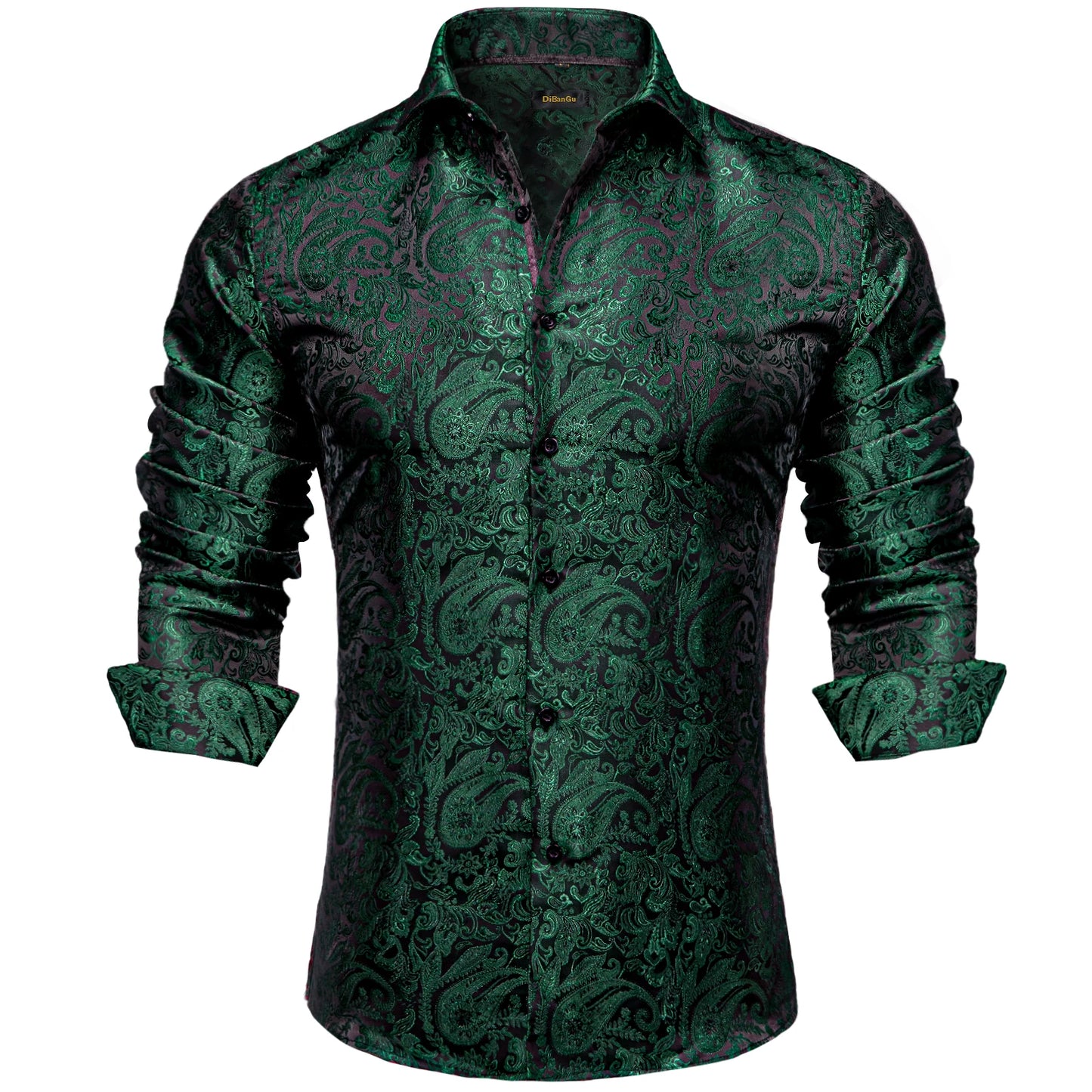 2026 Lyxig Herrskjorta Formell Bal Smoking Långärmad Siden Polyester Gyllene Färg Paisley Svarta Skjortor Blus Herrkläder