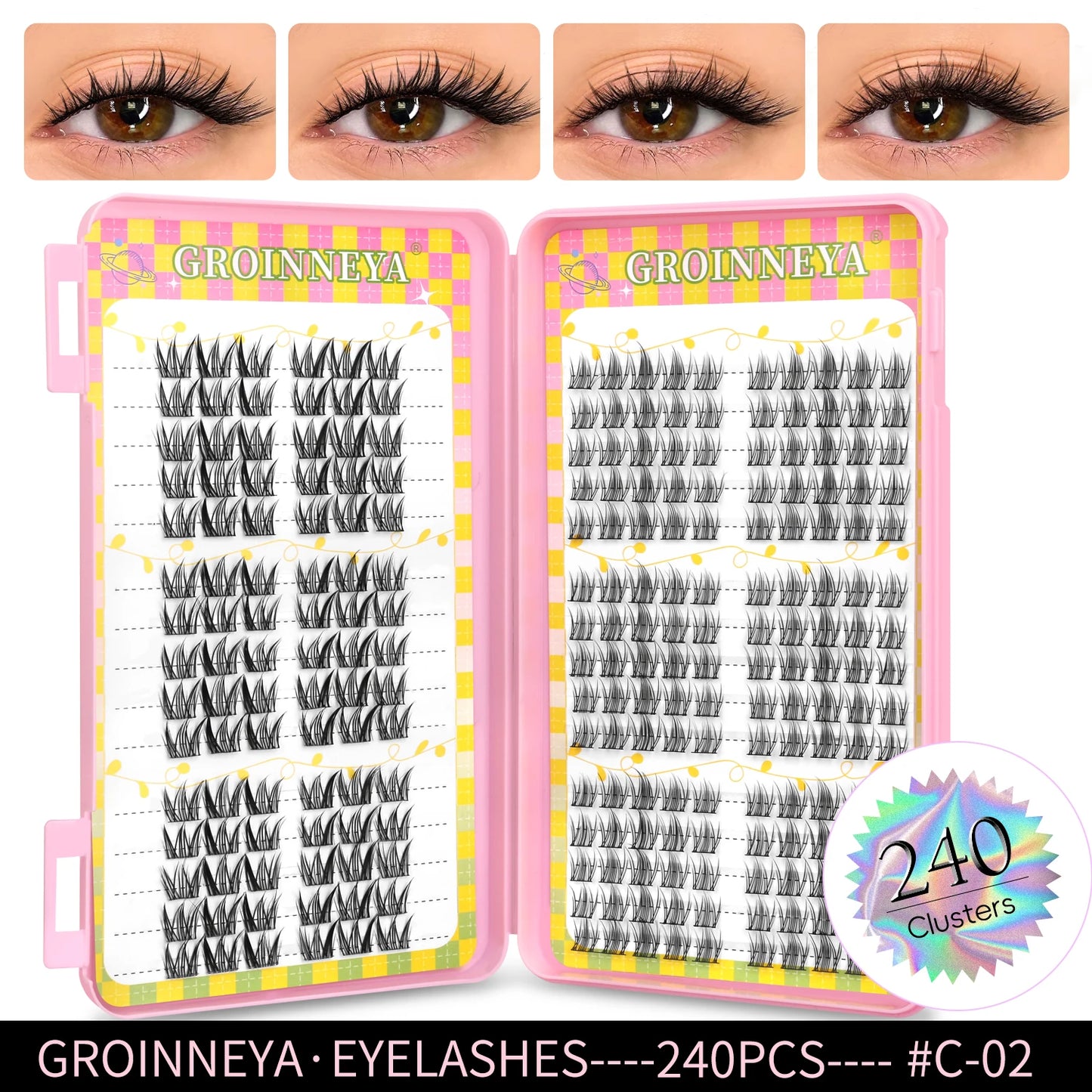 GROINNEYA Ögonfransar Kluster 320 st Naturlig Ögonfransförlängning Klusterfransar Volym Blandade Tray Lashes Kluster Naturliga Fransar