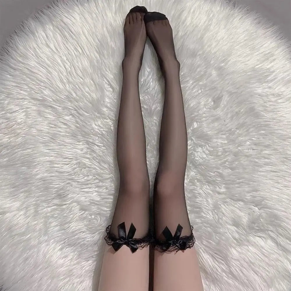 Sexiga Svarta Vita Overknee Långa Strumpor Lolita Rosett Lår Nätstrumpor Söta Flickor Punk Spets Mesh Leggings