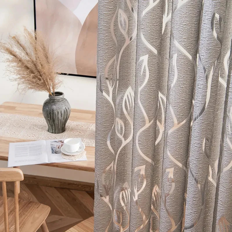 Enkel grå broderi ihålig löv transparent gardinstång fickgardin vardagsrum kontor heminredning trädgård bröllopsfest