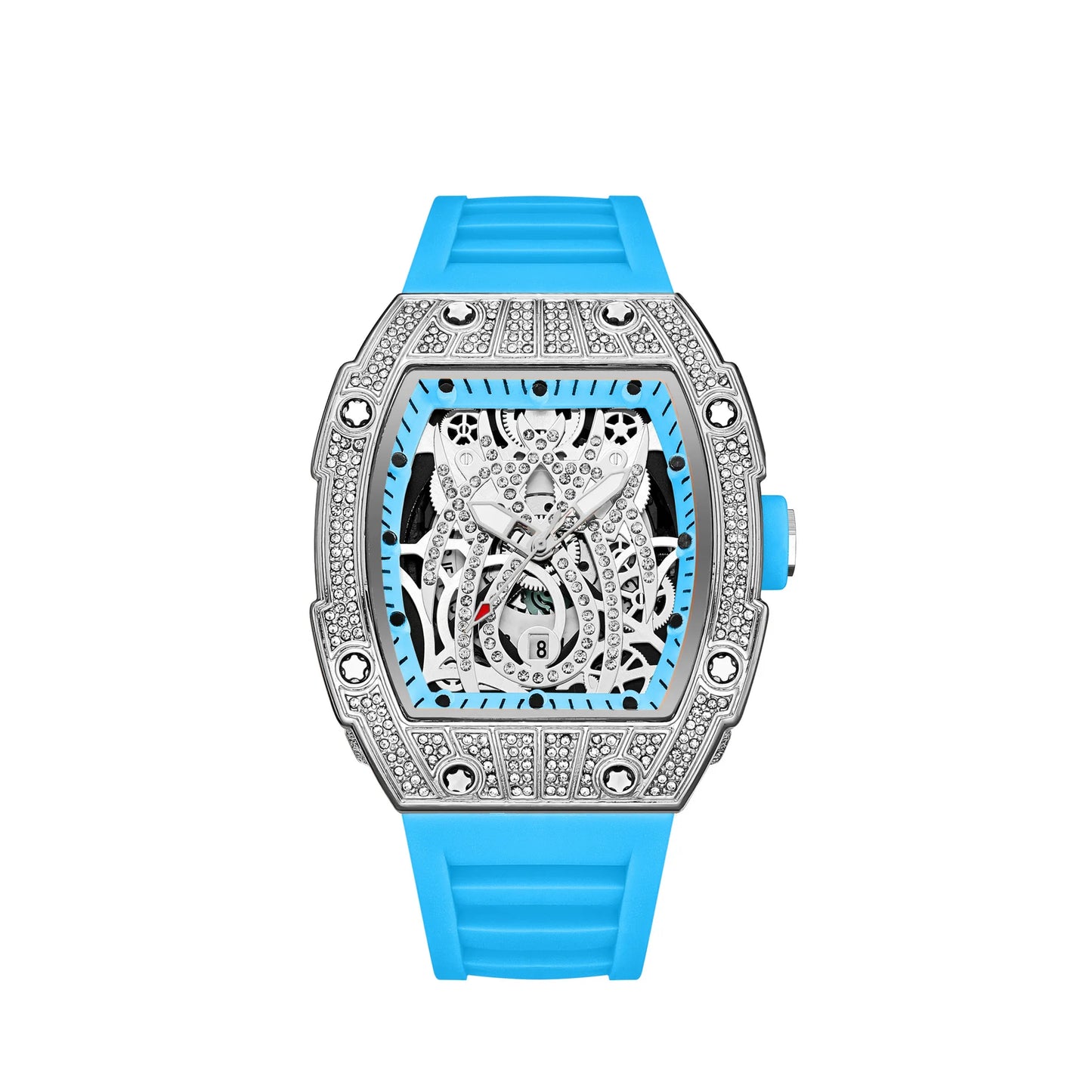 Mode Tonneau Hollow Full Diamond Gravyrhuvud Quartz Klocka Herr Lyxig Lysande Vattentät Datum Klockor Herr Stål Herrklocka