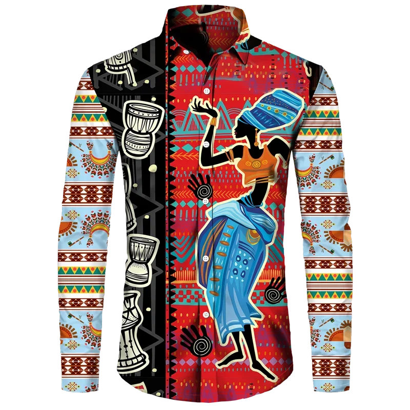 Afrikanskt Dashiki-tryck Herrskjortor med nedfällbar krage och knappar Långärmade Toppar Kläder Etnisk Stil Streetwear Kläder Skjorta