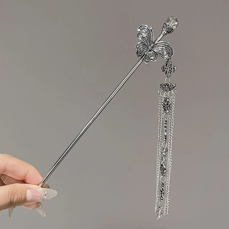 2025 Nya Kinesiska Stil Fjärilsfläkt Tofshårspinne För Kvinnor Vintage Metall Hanfu Ätpinnar Hårpinnar Håraccessoarer
