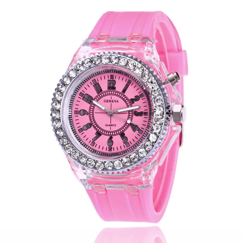 LED-ljusblixt lysande klockor kvinnor män pojkar flickor silikon armbandsur mode strass klocka barn barn relogio saati