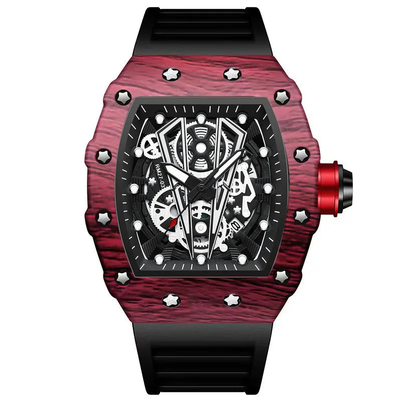 BINBOND Märke Herrklocka Domineering Barrel Watch Böjd Spegel Ihålig Yta Sport Herrklocka Silikon Quartz Armbandsur B8577