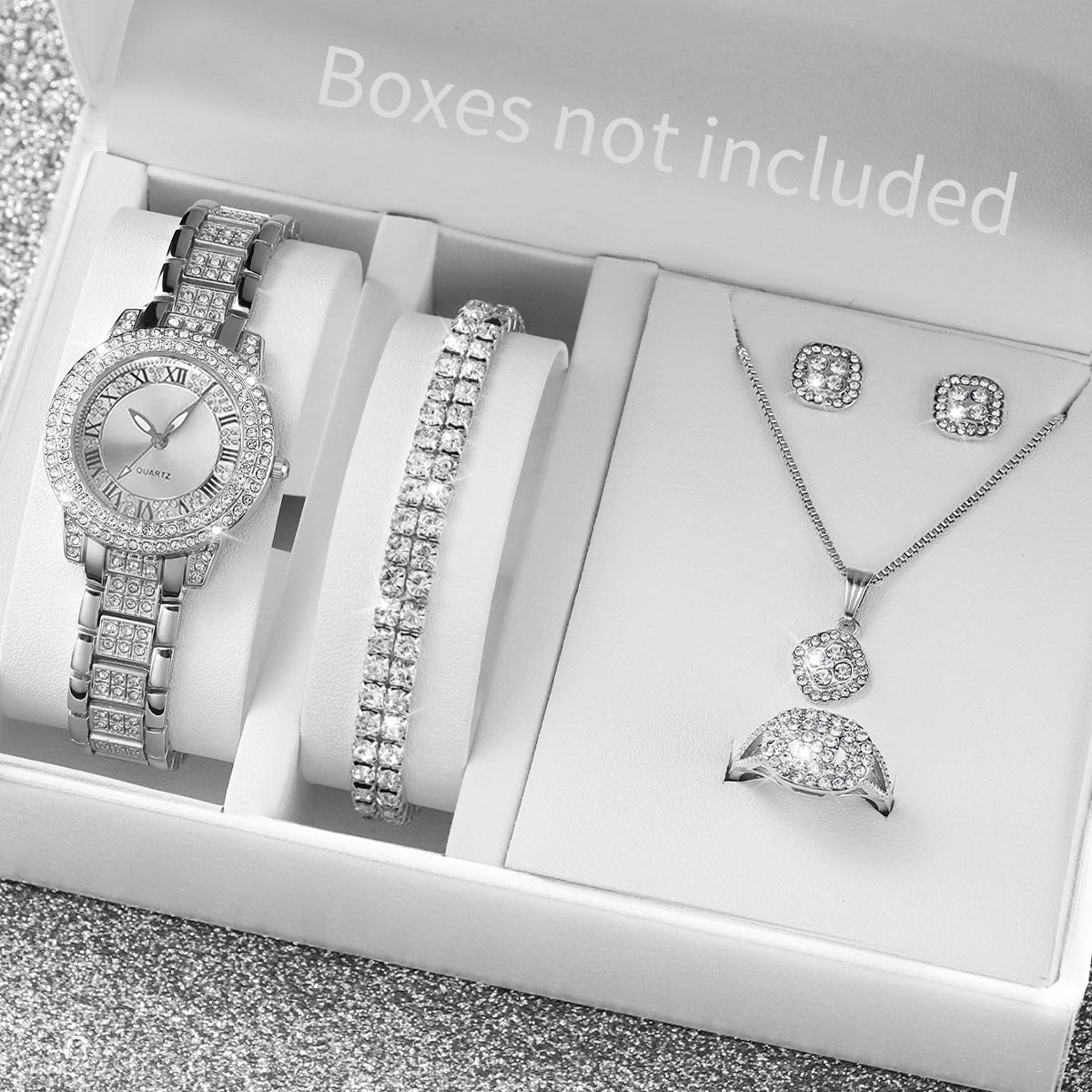 6 delar/set damklocka moderiktig strass romsk urtavla kvartsklocka stålarmband armbandsur diamantsmyckenset (utan ask)