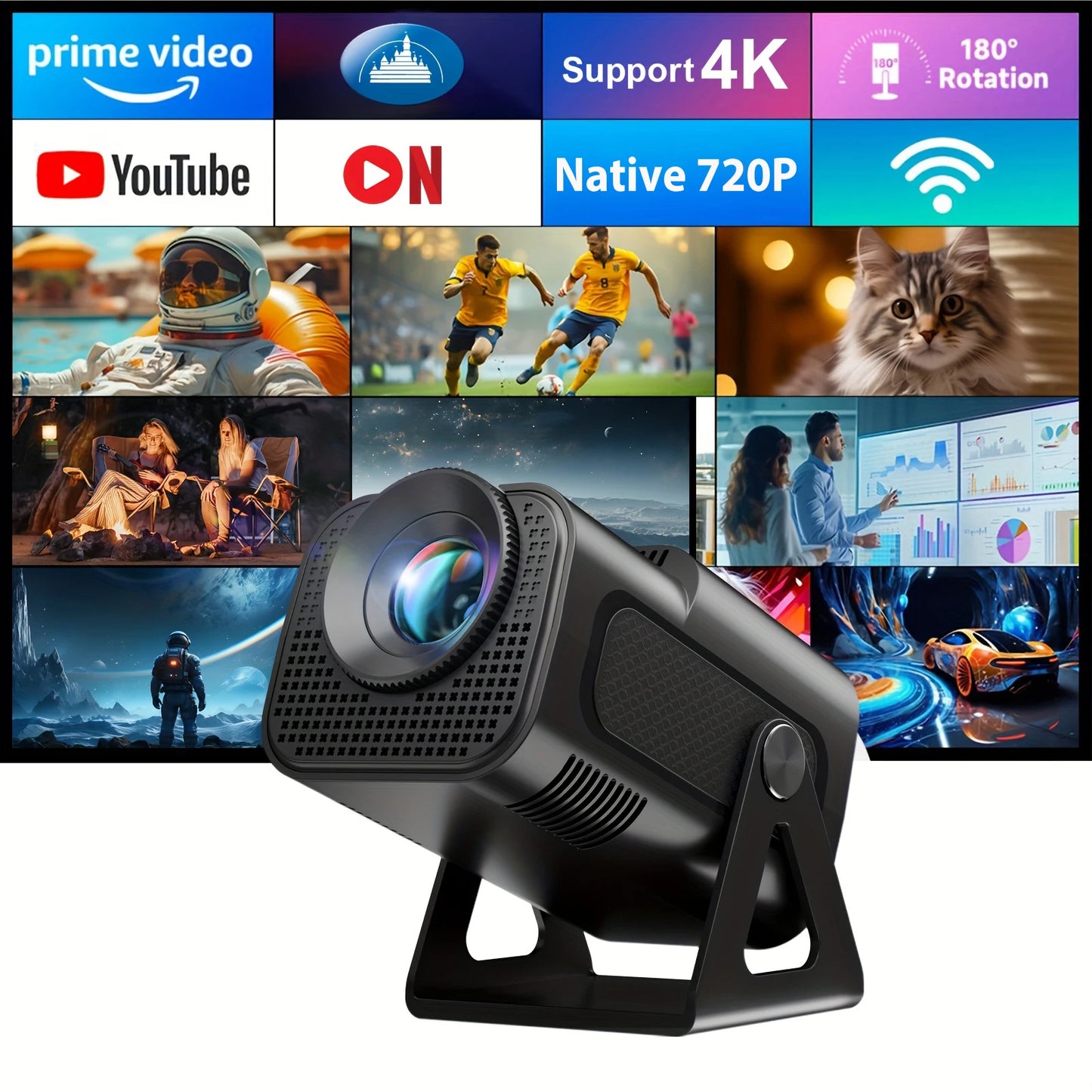 XGODY HY320 Mini Native 720P Android 14 4K-projektor 350ANSI H726 Wi-Fi 6 BT 5.0 bio utomhus bärbar 180° roterbar projektor