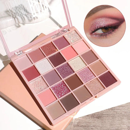 Ögonskuggspalett med 25 färger och högglansig rosbrun ton, matt glitter, daglig makeup, torr rosögonskugga