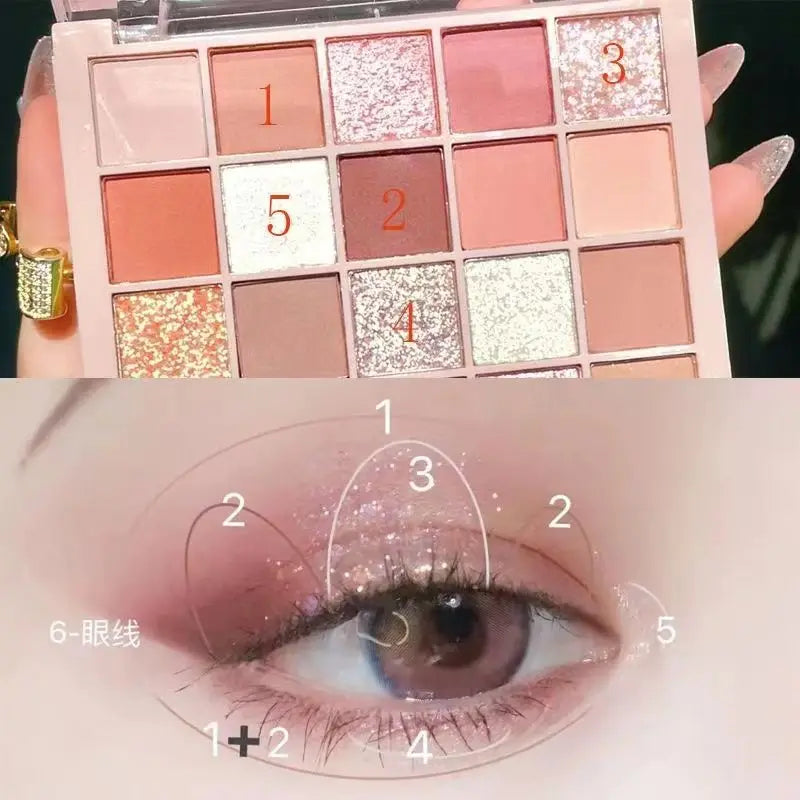 Ögonskuggspalett med 25 färger och högglansig rosbrun ton, matt glitter, daglig makeup, torr rosögonskugga