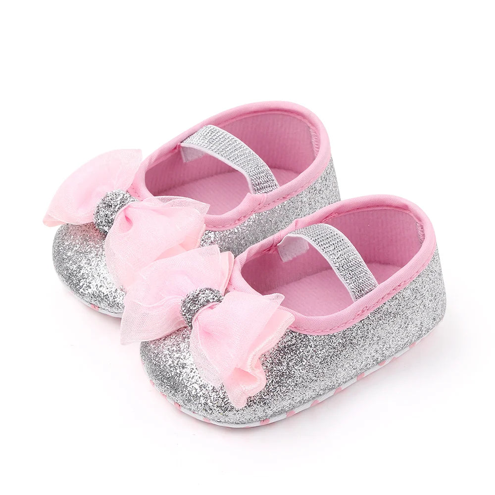 Babyflickor Paljetter Dockskor Mary Jane Platta Glitter Spets Rosett Fina Prinsessskor Halkfria Första Gåskor Spädbarnsskor