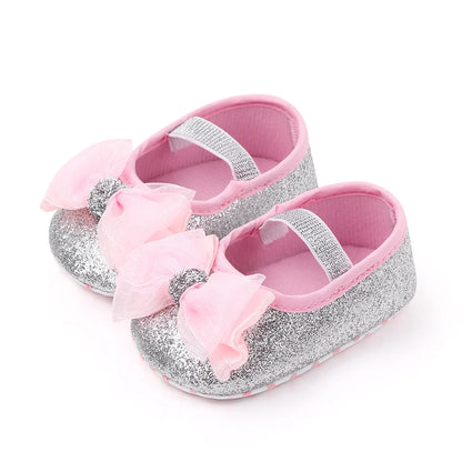 Babyflickor Paljetter Dockskor Mary Jane Platta Glitter Spets Rosett Fina Prinsessskor Halkfria Första Gåskor Spädbarnsskor