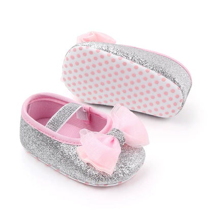 Babyflickor Paljetter Dockskor Mary Jane Platta Glitter Spets Rosett Fina Prinsessskor Halkfria Första Gåskor Spädbarnsskor
