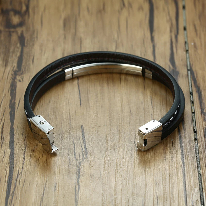 Vnox Unika Sew Lines Äkta Läderarmband för Herr Kvinnor Rostfritt Stål Stånglagerarmband Kausal Pulseira