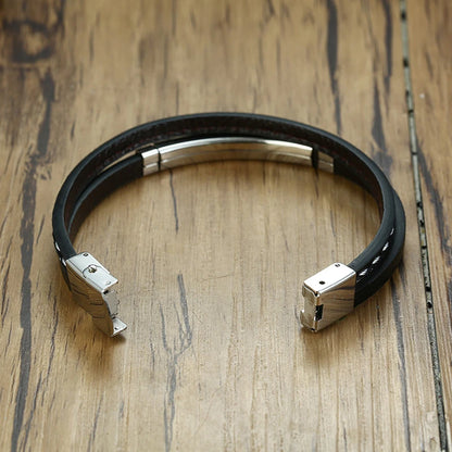 Vnox Unika Sew Lines Äkta Läderarmband för Herr Kvinnor Rostfritt Stål Stånglagerarmband Kausal Pulseira