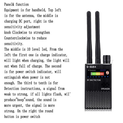 2.4G Wifi RF Signal Finder Anti Candid Kamera Detektor Spion Dold Kamera Ljud Bugg GPS Tracker GSM Trådlös Enhetsskanner Svart