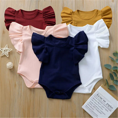 0-18 månader Nyfödd Baby Flicka Rompers Volang Kortärmad Bodysuit För Spädbarn Flickor Enfärgad Svart Rosa Vit Sommar Playsuits