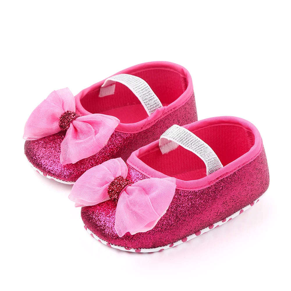 Babyflickor Paljetter Dockskor Mary Jane Platta Glitter Spets Rosett Fina Prinsessskor Halkfria Första Gåskor Spädbarnsskor