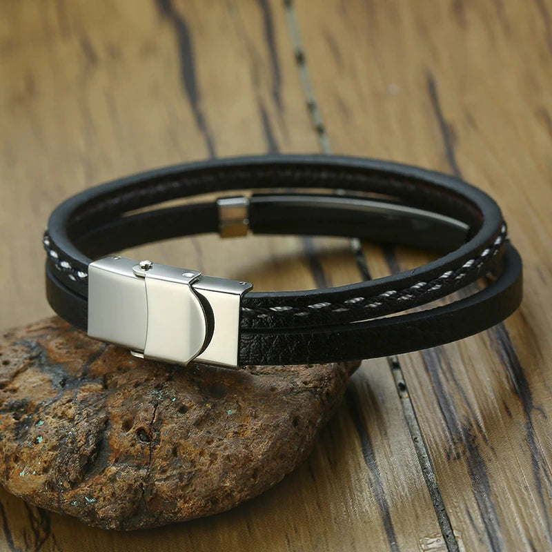 Vnox Unika Sew Lines Äkta Läderarmband för Herr Kvinnor Rostfritt Stål Stånglagerarmband Kausal Pulseira