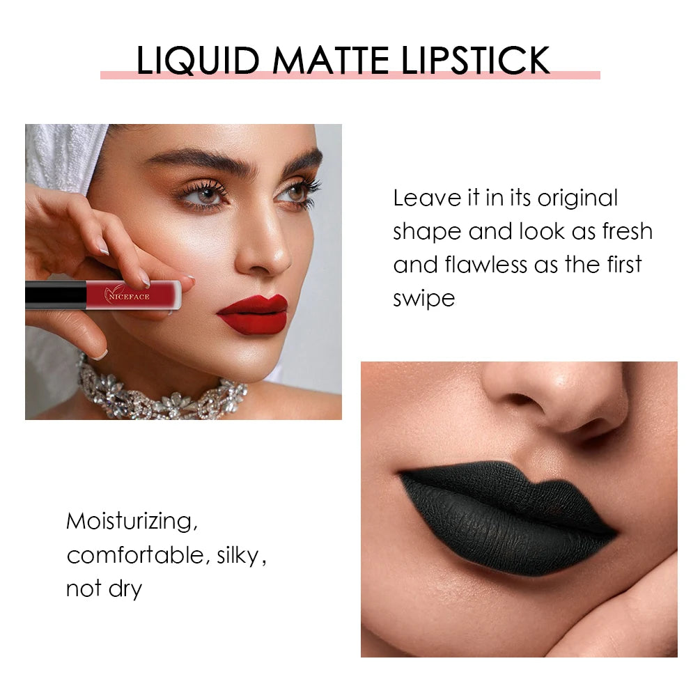 NICEFACE Matt Flytande Läppstift Vattentätt Långvarigt Läppglans Färg Sexigt Röd Nude Lila Metalliskt Läppstift Smink Kosmetika