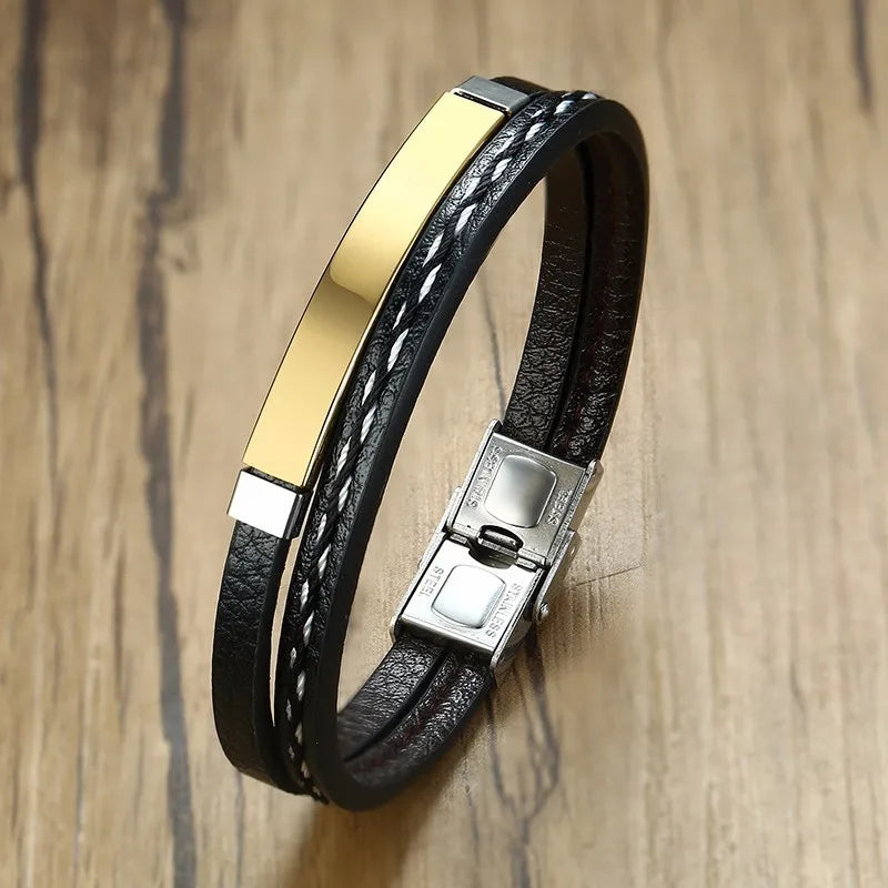 Vnox Unika Sew Lines Äkta Läderarmband för Herr Kvinnor Rostfritt Stål Stånglagerarmband Kausal Pulseira
