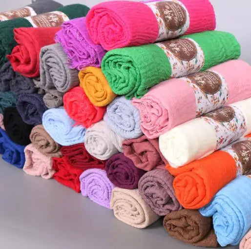 2018 Ny Etnisk Överdimensionerad Muslimsk Crinkle Hijab Huvudduk Dam Enfärgad Bubbla Bomullssjalar Och Sjalar Mjuk Stor Linne Foulard Femme