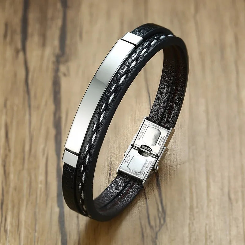 Vnox Unika Sew Lines Äkta Läderarmband för Herr Kvinnor Rostfritt Stål Stånglagerarmband Kausal Pulseira