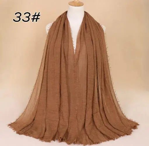 2018 Ny Etnisk Överdimensionerad Muslimsk Crinkle Hijab Huvudduk Dam Enfärgad Bubbla Bomullssjalar Och Sjalar Mjuk Stor Linne Foulard Femme