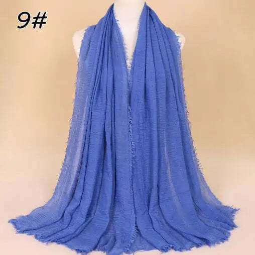 2018 Ny Etnisk Överdimensionerad Muslimsk Crinkle Hijab Huvudduk Dam Enfärgad Bubbla Bomullssjalar Och Sjalar Mjuk Stor Linne Foulard Femme