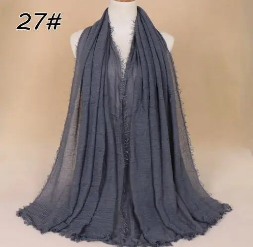 2018 Ny Etnisk Överdimensionerad Muslimsk Crinkle Hijab Huvudduk Dam Enfärgad Bubbla Bomullssjalar Och Sjalar Mjuk Stor Linne Foulard Femme