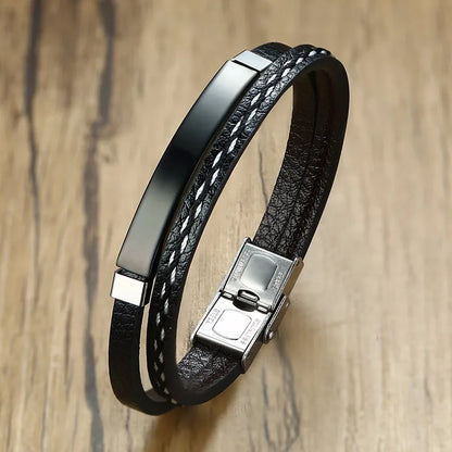 Vnox Unika Sew Lines Äkta Läderarmband för Herr Kvinnor Rostfritt Stål Stånglagerarmband Kausal Pulseira